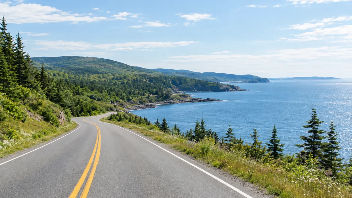 Illustrative coastal road winding beside the Atlantic, surrounded by green trees
