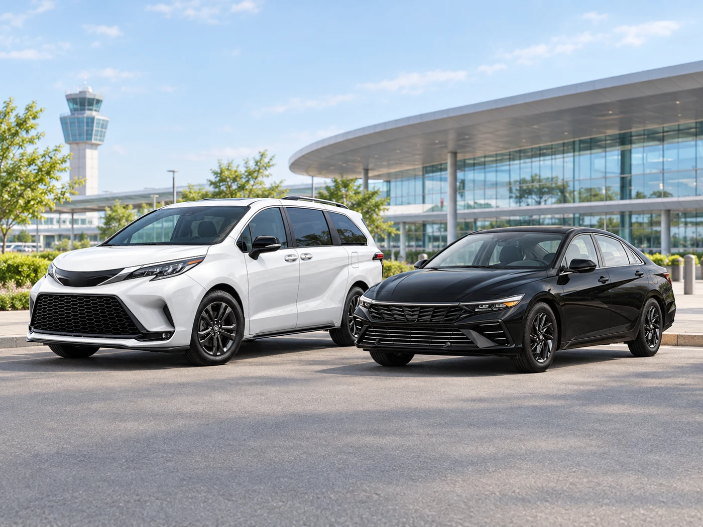 Illustrative fleet scene with a white minivan and black sedan parked side by side
